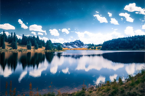 雪山を映す穏やかな青空と風のない湖の朝の風景