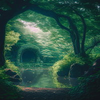 新緑に包まれた池の畔の洞窟と苔むした渓流の写真