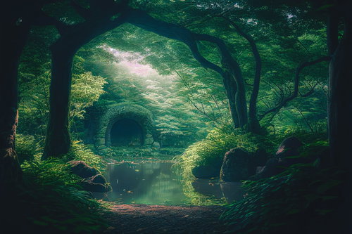 新緑に包まれた池の畔の洞窟と苔むした渓流