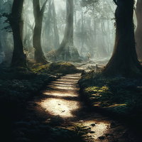 霧の森を奥へ続く石段の小道の写真