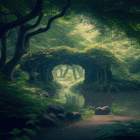 妖精の森へ続く水辺のアーチ状に茂る木々と光の道の写真