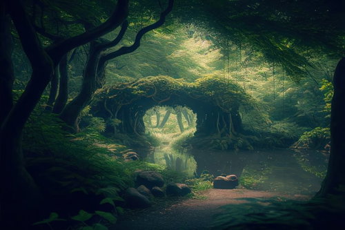 妖精の森へ続く水辺のアーチ状に茂る木々と光の道