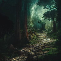 巨木に囲まれた石が敷き詰められた薄暗い山道の写真