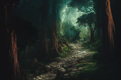 巨木に囲まれた石が敷き詰められた薄暗い山道