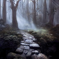 霧が流れ込む古道風の森と石畳の登山道、木漏れ日差す幽玄な山道の写真