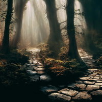 霧の中を進む古木と石畳の山道、苔むした落ち葉が積もる幽玄な登山道の写真