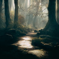 霧立ちこめる古い森の光る小道を照らす朝日の写真