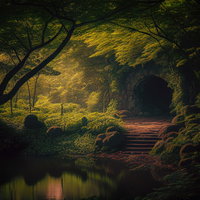 湖畔のトンネルを抜ける光の森 木製の橋と神秘的な光景の写真