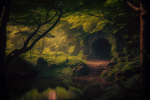 湖畔のトンネルを抜ける光の森 木製の橋と神秘的な光景