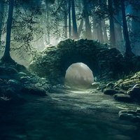 薄暗い山道の石造アーチトンネルと苔むした古道の写真