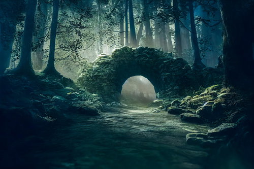 薄暗い山道の石造アーチトンネルと苔むした古道