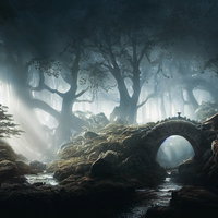 光輝く霧に包まれたアーチ状の短い橋と古木の写真