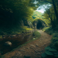 トンネルへと続く光あふれる山道と清流の小道の写真