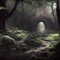 苔むした岩の散在する足元の悪いトンネルへと向かう小道の写真