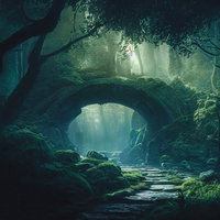 苔むした石橋のかかる暗がりの小道：渓流沿いの古道の写真