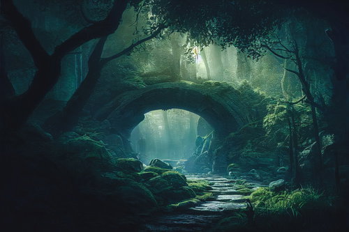 苔むした石橋のかかる暗がりの小道：渓流沿いの古道