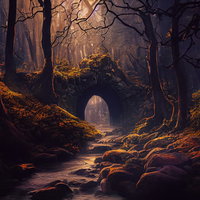 黄金に照らされたトンネルを流れる小川と岩肌の写真