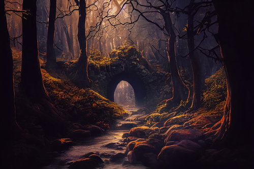 黄金に照らされたトンネルを流れる小川と岩肌