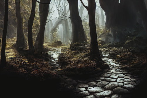 霧立ち込める森の中を行く曲がりくねる石畳の小道