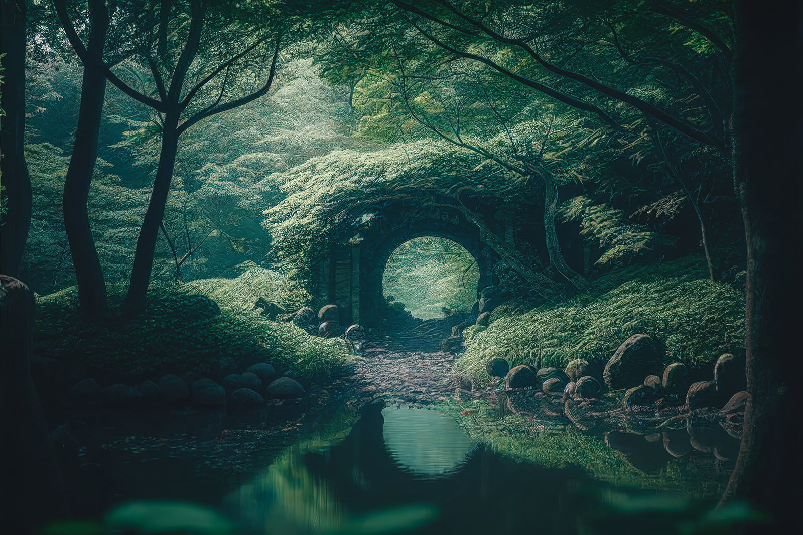 新緑の森の中に泉が映るトンネルと苔むした石