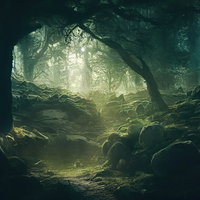 薄暗い妖精の森を進む山道 - 苔むした根と淡い光が照らすファンタジー登山道の写真