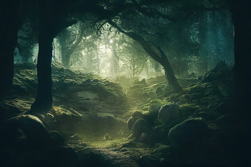 薄暗い妖精の森を進む山道 - 苔むした根と淡い光が照らすファンタジー登山道