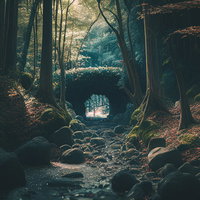 光が差し込む洞穴へと続く森の登山道を進む冒険の風景の写真