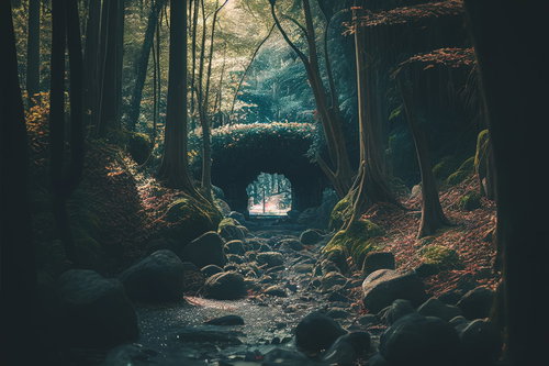 光が差し込む洞穴へと続く森の登山道を進む冒険の風景