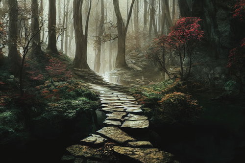 異世界へ続く石畳の小道を彩る紅葉の木々と霧の森景観