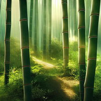 木漏れ日差す竹林の山道を歩く朝の散歩風景の写真