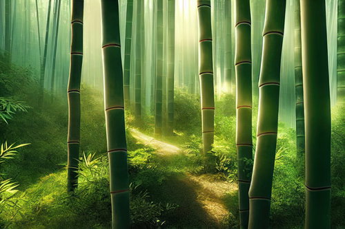 木漏れ日差す竹林の山道を歩く朝の散歩風景