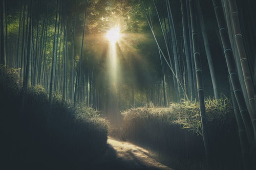 竹林に挟まれた道に差す木漏れ日の並木道を歩む
