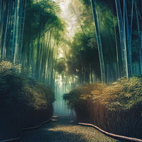 竹林の小道と木漏れ日（春の和風風景）の写真