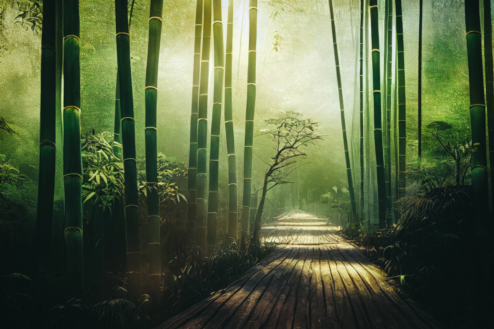 竹林の中を進む木道に朝日が差し込む風景