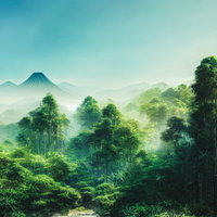 山々を背景に広がる竹林と木々の風景、朝霧漂う自然風景の写真