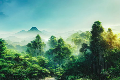 山々を背景に広がる竹林と木々の風景、朝霧漂う自然風景