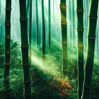 木漏れ日が差し込む竹林の風景 竹の幹と光の濃淡の写真