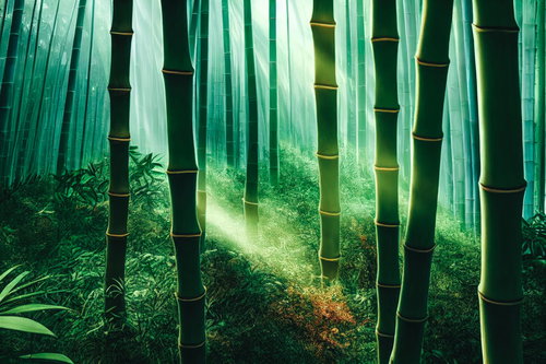 木漏れ日が差し込む竹林の風景 竹の幹と光の濃淡