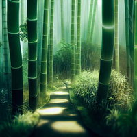 木漏れ日が差し込む竹藪を進む道と竹林の緑濃い風景の写真