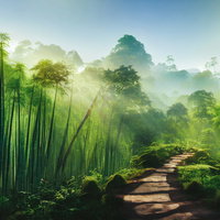 竹林から注ぐ木漏れ日の道・朝日が降り注ぐ癒しの自然風景の写真