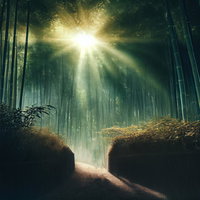 木漏れ日の光と竹やぶの道の写真