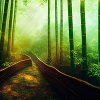 竹林の中を進む木漏れ日の小道、木製手すり付き遊歩道の写真