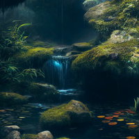 森深くの渓流と苔むした岩場：清流が流れ落ちる渓谷風景の写真