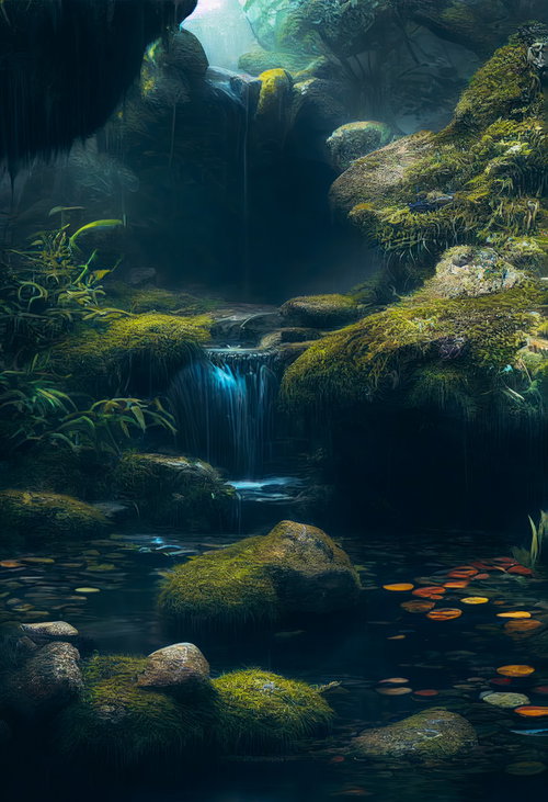 森深くの渓流と苔むした岩場：清流が流れ落ちる渓谷風景