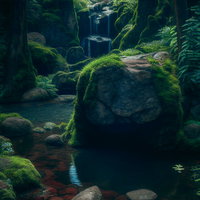 苔に覆われた巨大な岩と流れるせせらぎの渓流の写真
