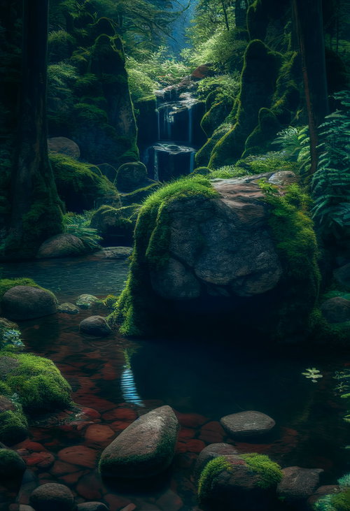 苔に覆われた巨大な岩と流れるせせらぎの渓流