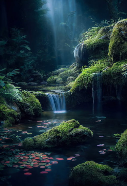 苔むした岩と湧き水が流れる渓流、森の中のせせらぎ