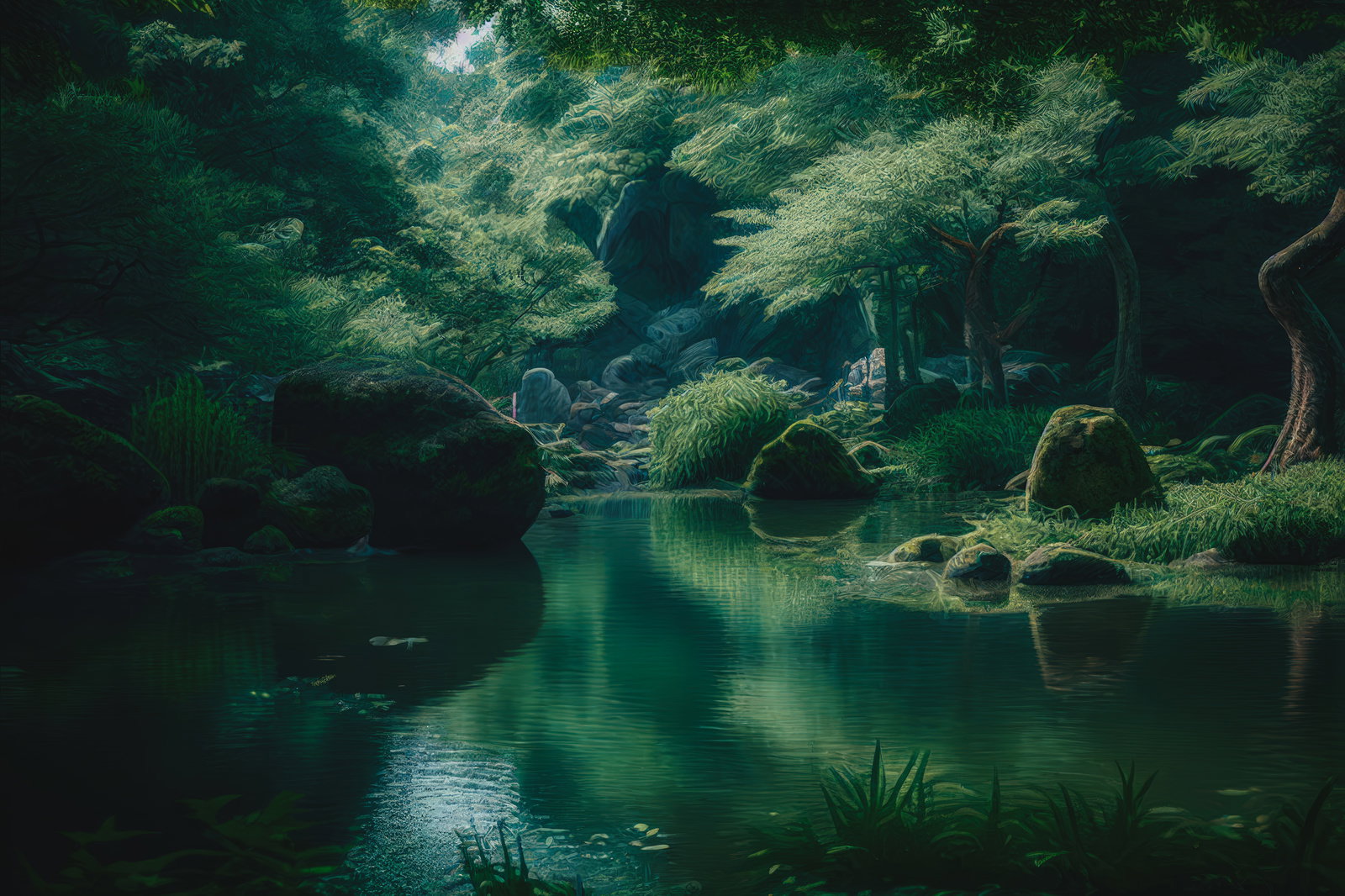 苔むした岩と清流が見える深い森の湖の風景