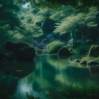 苔むした岩に囲まれた奥地の静寂に包まれる湖の写真