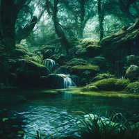 光が差し込む深い森にできた池とせせらぎの流れの写真